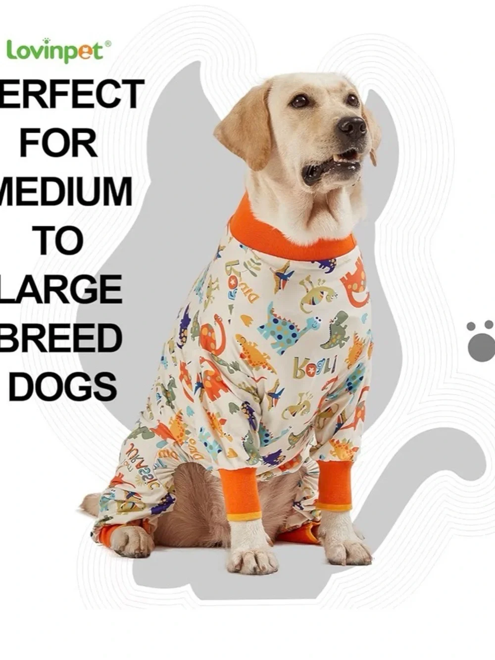 Dinosaur Print Full-Body Dog Pajamas — Orange Trim